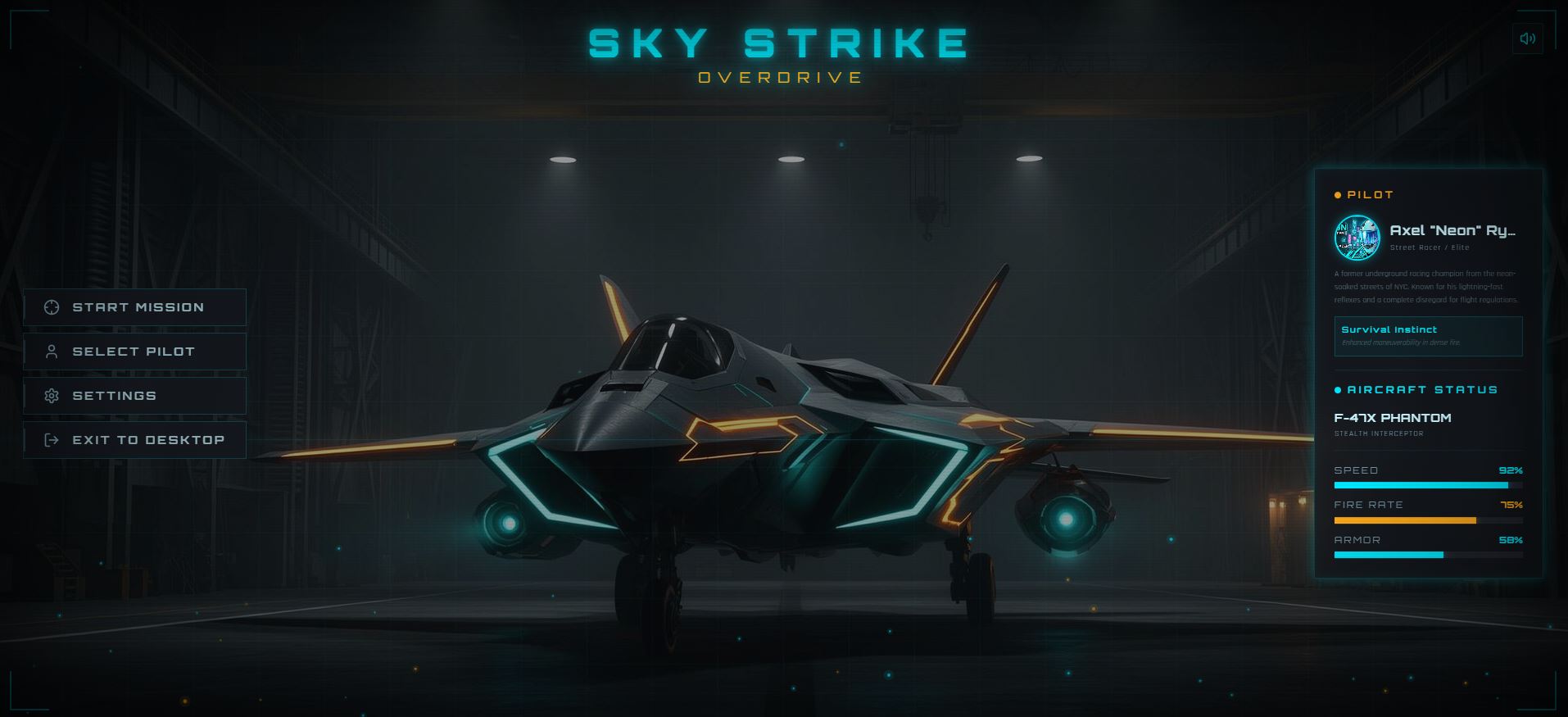 SkyStrike Overdrive MAIN HANGAR screen