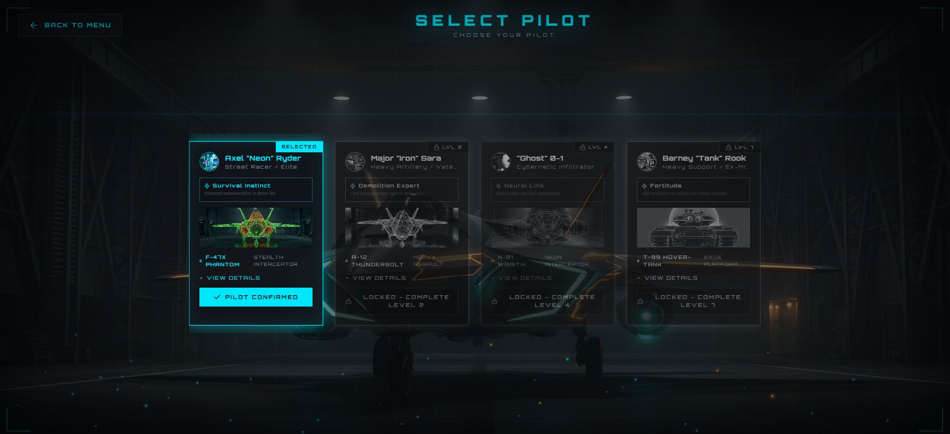 SkyStrike Overdrive PILOT SELECT screen