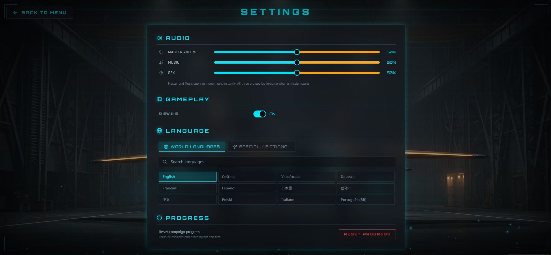 SkyStrike Overdrive SETTINGS & AUDIO screen